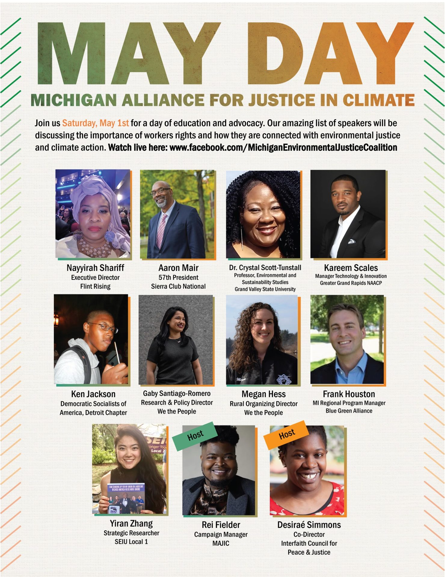 Flyer for online May Day event presented by MAJIC, the Michigan Alliance for Justice in Climate.