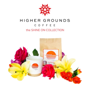 'Shine On’ coffee bag and mug featuring orange sun logo surrounded by colorful flowers